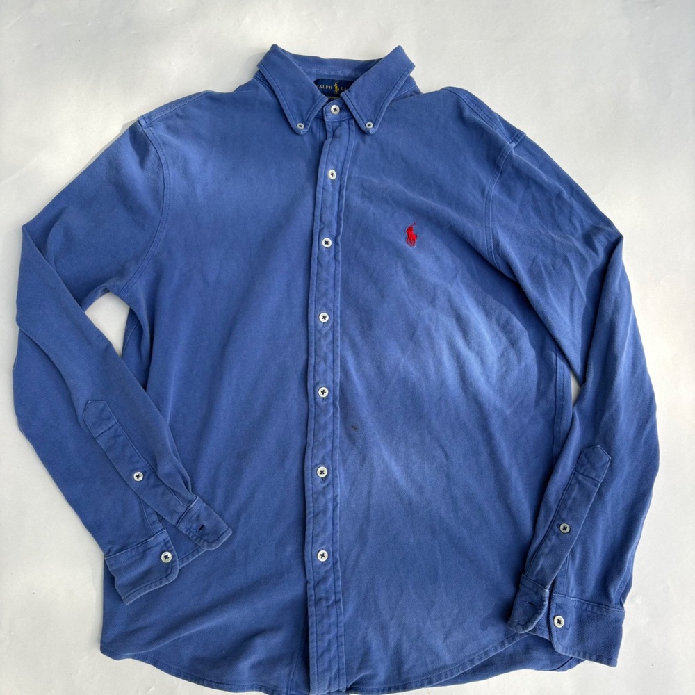 Ralph Lauren Featherweight Mesh Button Down Shirt Mens Medium Blue Long Sleeve